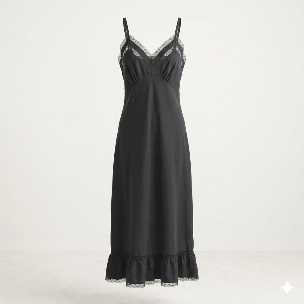 Charmode Sears Black Nylon Slip Dress Lace Ruffle Grunge Coquette 34 Vintage 50s